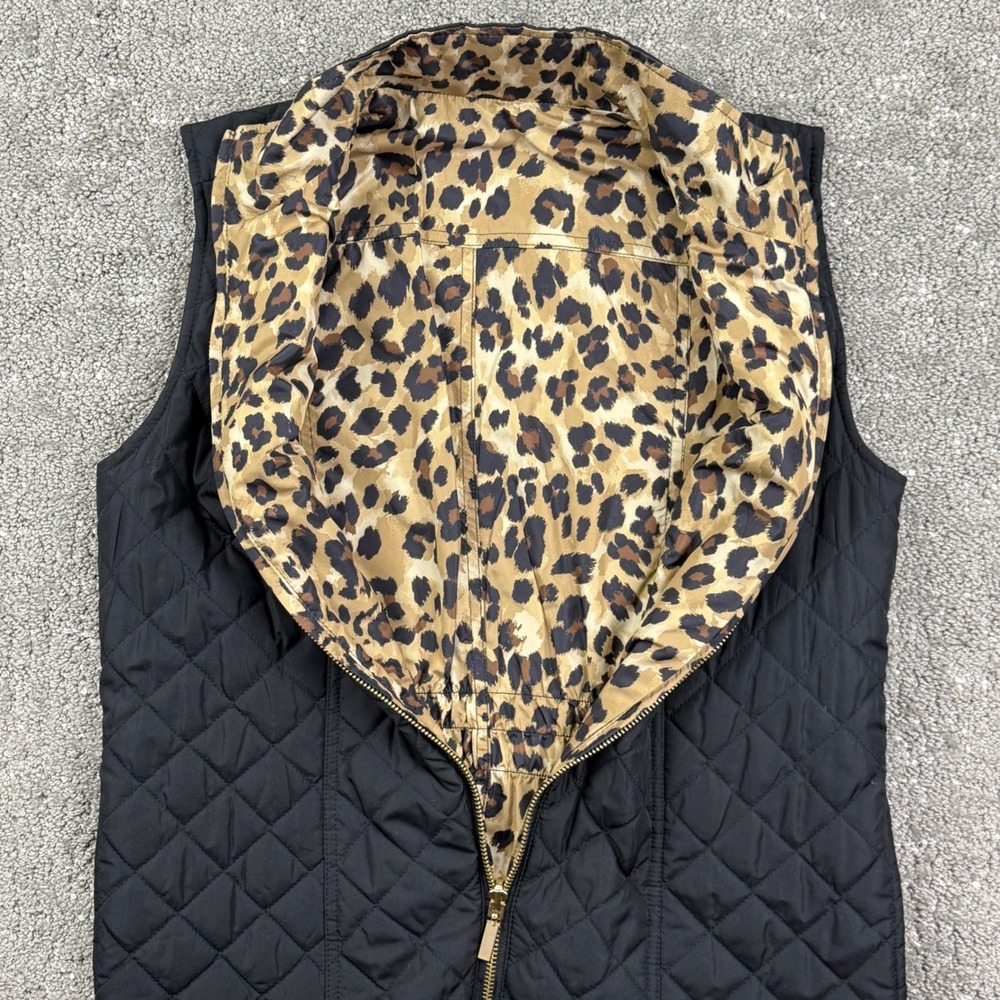 Women's Reversible Quilted Vest Leopard Print Black Zip Puffer Size S